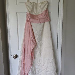 Beautiful Prom Dress Ivory Satin Gown with Pink Sash - Size 14